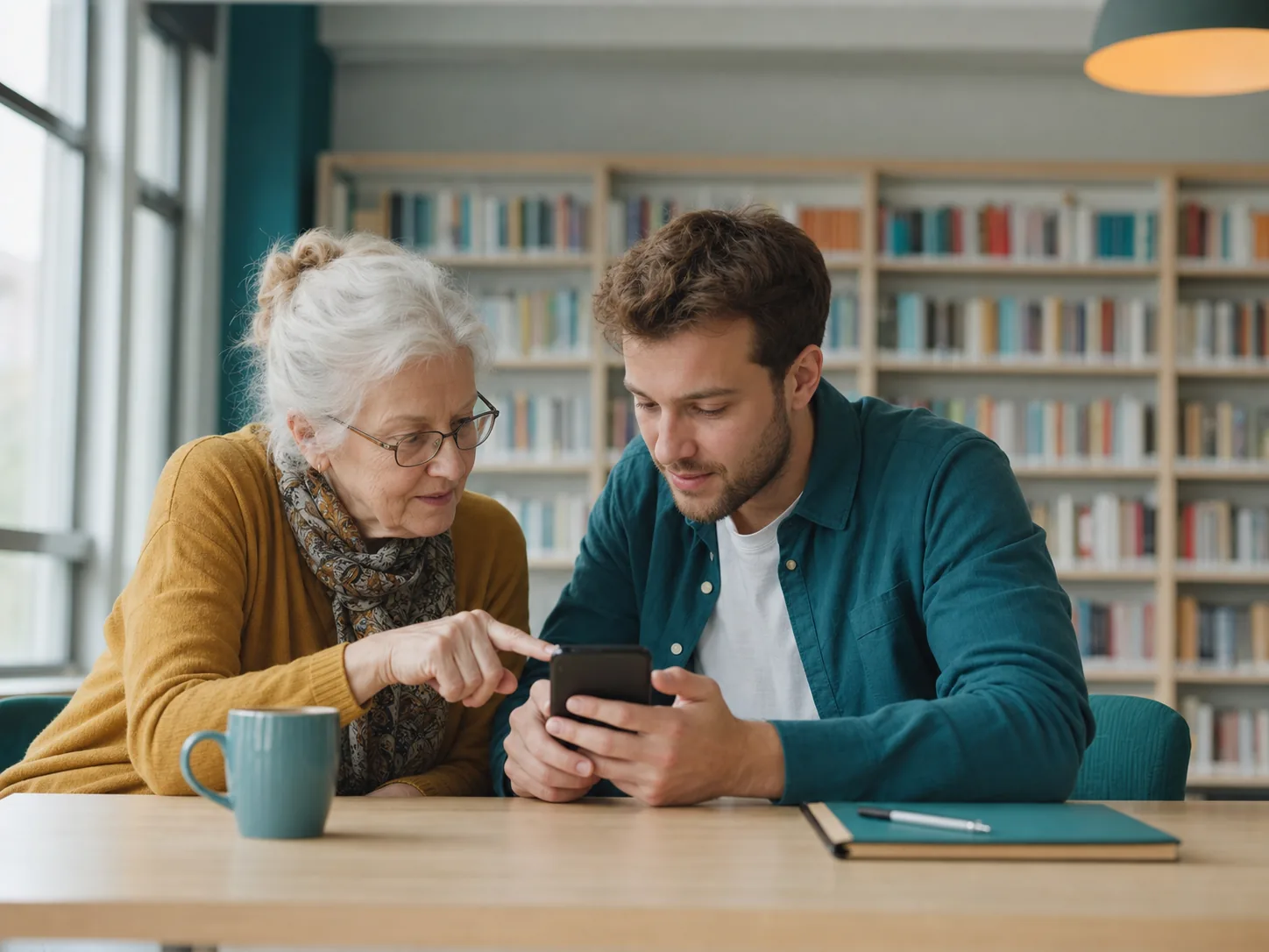 Ilustracyjna scena nauki obsługi smartfona przez seniorkę